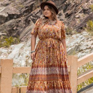 Plus Size Tie Waist Puff Sleeve Dress